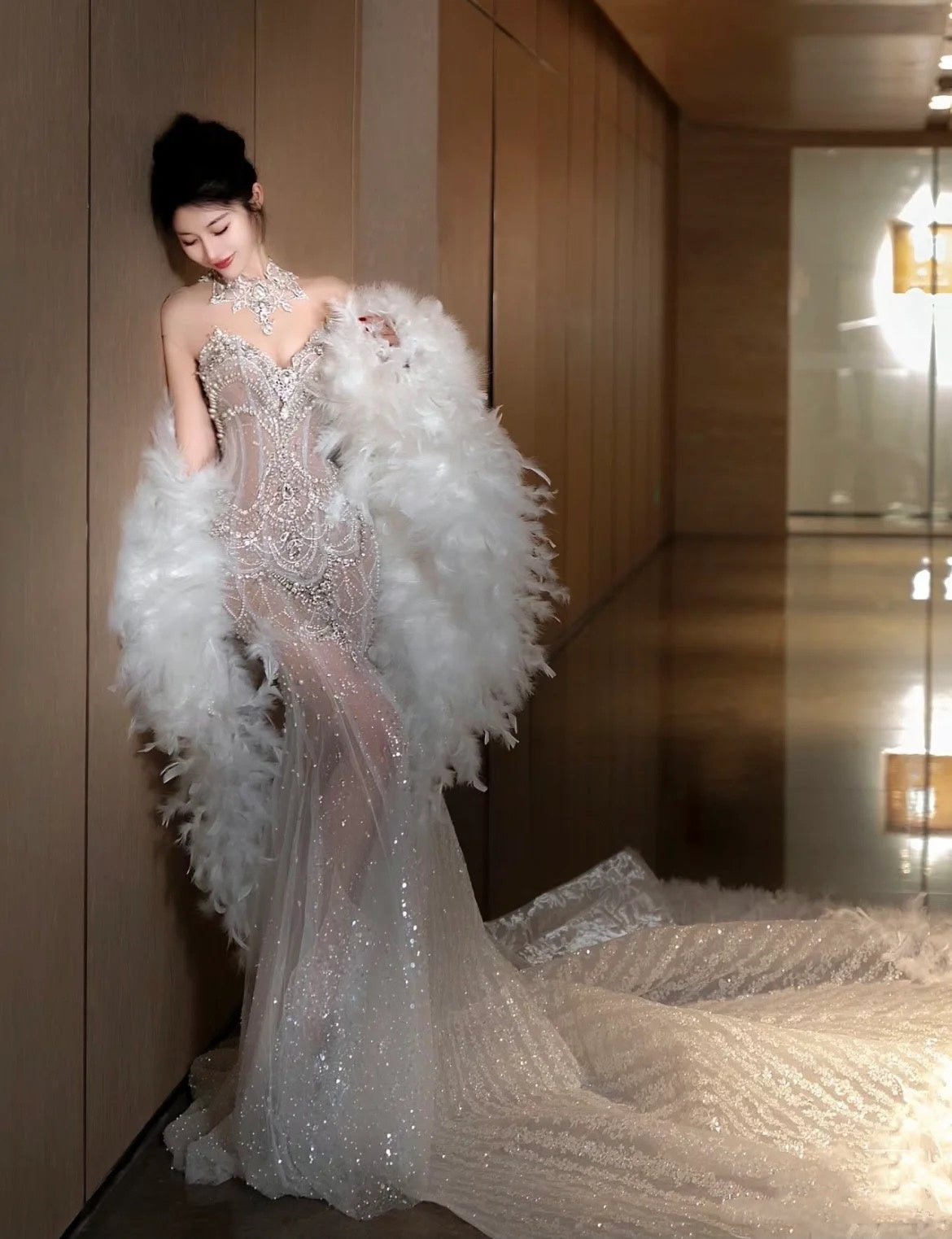 Verträumtes Meerjungfrau-Brautkleid mit Rundhalsausschnitt und langem Tüll und Pailletten, Fee, formelle Brautkleider B53