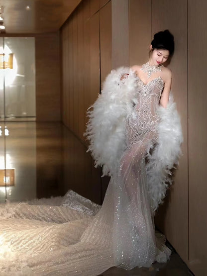 Verträumtes Meerjungfrau-Brautkleid mit Rundhalsausschnitt und langem Tüll und Pailletten, Fee, formelle Brautkleider B53