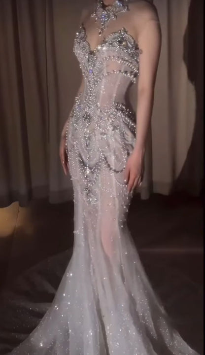 Verträumtes Meerjungfrau-Brautkleid mit Rundhalsausschnitt und langem Tüll und Pailletten, Fee, formelle Brautkleider B53
