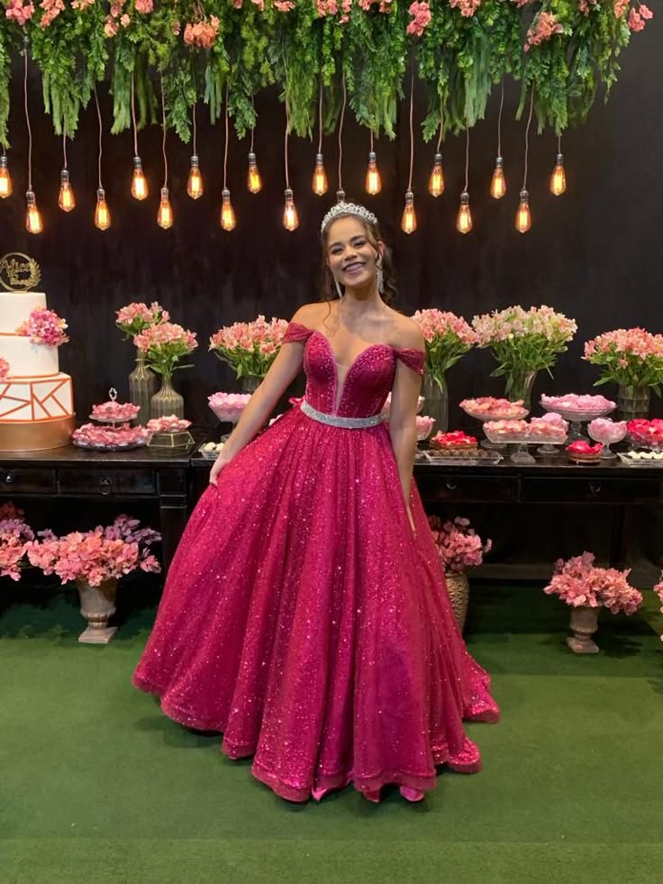 Modest Ball Gown Off The Shoulder Hot Pink Sequin Long Prom Dresses Party Dress 18th Birthday Outfits Graduation Dress B534