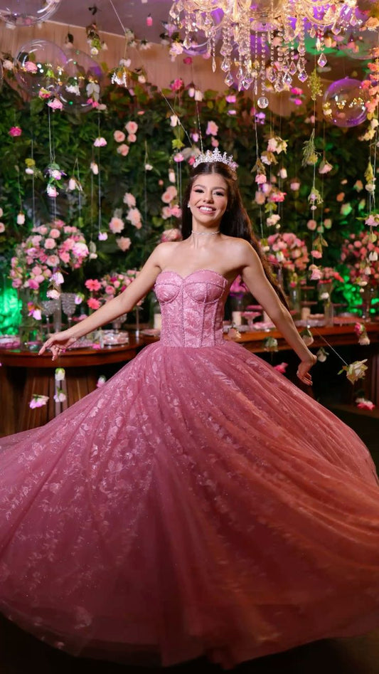 Charming Ball Gown Strapless Pink Lace Prom Dresses Inspiration Prom Dress Princess Graduation Dress B535