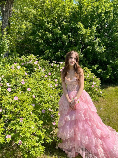 Elegantes Ballkleid mit Trägern, ärmellos, Tüll, Spitze, Schlitz, bodenlang, hellrosa, Ballkleid-Inspirationsideen, Ball-Inspo-Kleider, Partykleid B539