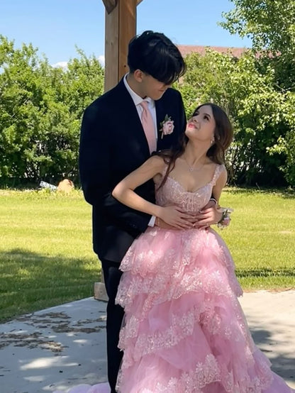 Elegantes Ballkleid mit Trägern, ärmellos, Tüll, Spitze, Schlitz, bodenlang, hellrosa, Ballkleid-Inspirationsideen, Ball-Inspo-Kleider, Partykleid B539