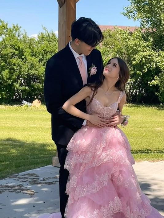 Elegant Ball Gown Straps Sleeveless Tulle Lace Slit Floor Length Light Pink Prom Dress Inspiration Ideas Prom Inspo Dresses Party Dress B539