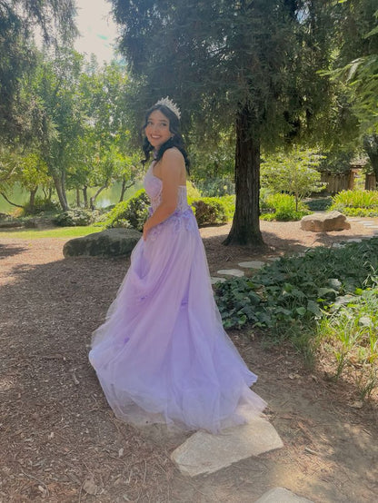 Charming Ball Gown One Shoulder Lilac Tulle Lace Prom Dresses Inspiration Prom Dress Princess Graduation Dress B541