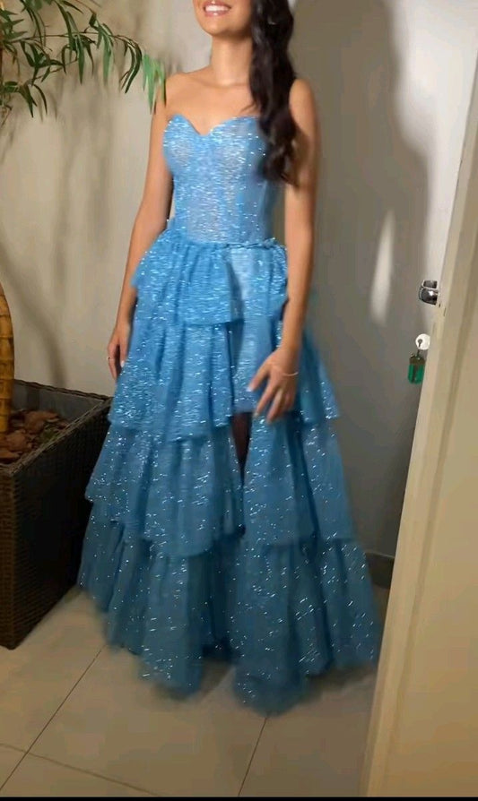 Robe de bal modeste, décolleté en cœur, bleu, fendue, paillettes, longue, robe de soirée, tenue de 18e anniversaire, robe de remise de diplôme, B544