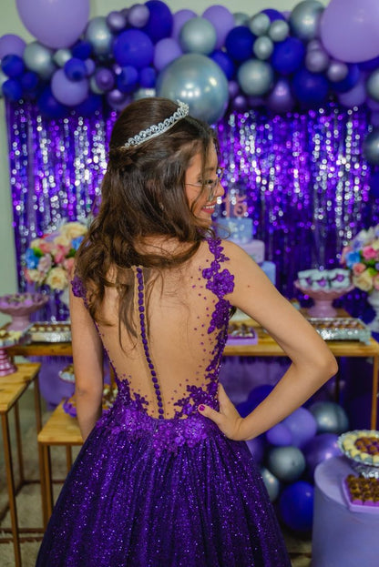 Modest Ball Gown Scoop Grape Lace Tulle Long Prom Dresses Party Dress 18th Birthday Outfits Graduation Dress B545