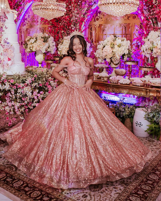 Modest Ball Gown Off The Shoulder Blush Pink Sequin Long Prom Dresses Party Dress 18th Birthday Outfits Graduation Dress B547