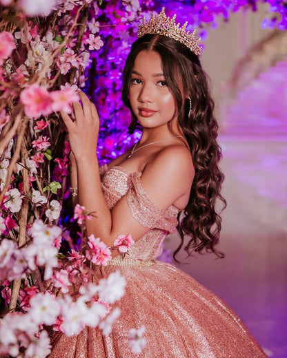 Modest Ball Gown Off The Shoulder Blush Pink Sequin Long Prom Dresses Party Dress 18th Birthday Outfits Graduation Dress B547