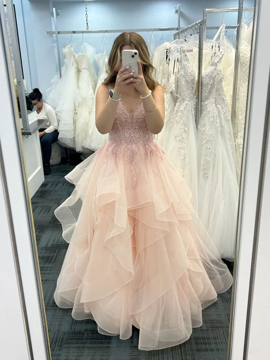 Elegant Ball Gown V Neckline Sleeveless Tulle Lace Floor Length Light Pink Prom Dress Inspiration Ideas Prom Dresses Inspo Party Dress B549