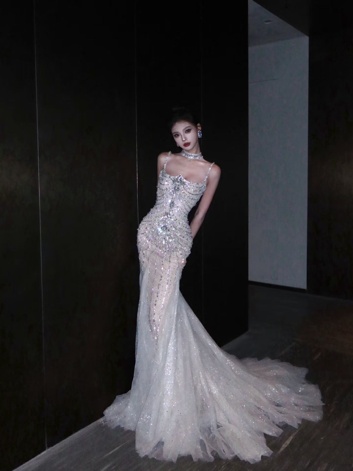 Dreamy Mermaid Spaghetti Straps Long Tulle Sequin Wedding Dress Fairy Formal Wedding Dresses B55