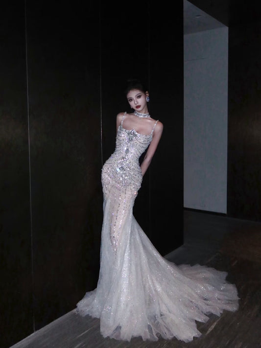 Dreamy Mermaid Spaghetti Straps Long Tulle Sequin Wedding Dress Fairy Formal Wedding Dresses B55