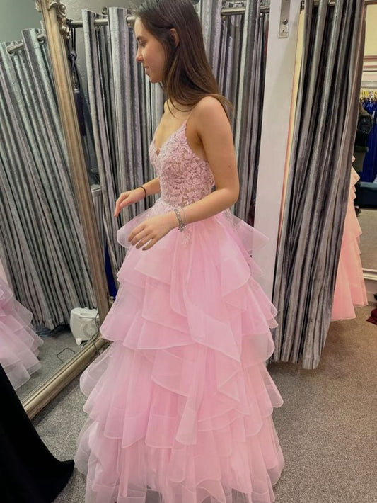 Charming Ball Gown Spaghetti Straps Light Pink Appliques Tulle Lace Prom Dresses Inspiration Prom Dress Princess Graduation Dress B550