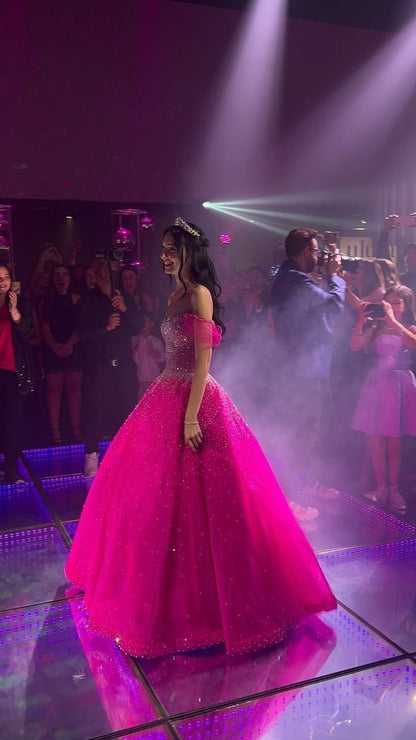 Robe de bal modeste à épaules dénudées, en tulle rose vif, longue, robe de soirée, tenue de 20e anniversaire, robe de remise de diplôme, B557
