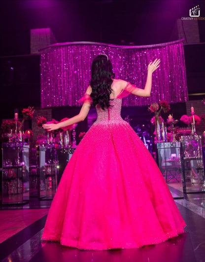 Robe de bal modeste à épaules dénudées, en tulle rose vif, longue, robe de soirée, tenue de 20e anniversaire, robe de remise de diplôme, B557