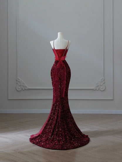 Elegant Mermaid Spaghetti Straps Sequin Long Floor Length Burgundy Prom Dress Inspiration Long Prom Dresses B56