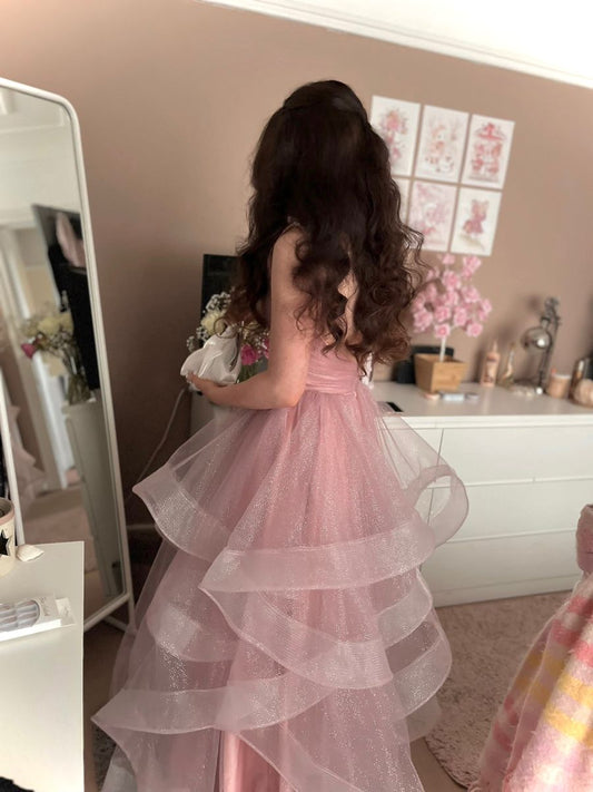 Modest Ball Gown Spaghetti Straps Blush Pink Tulle Long Prom Dresses Party Dress 18th Birthday Outfits Graduation Dress B562