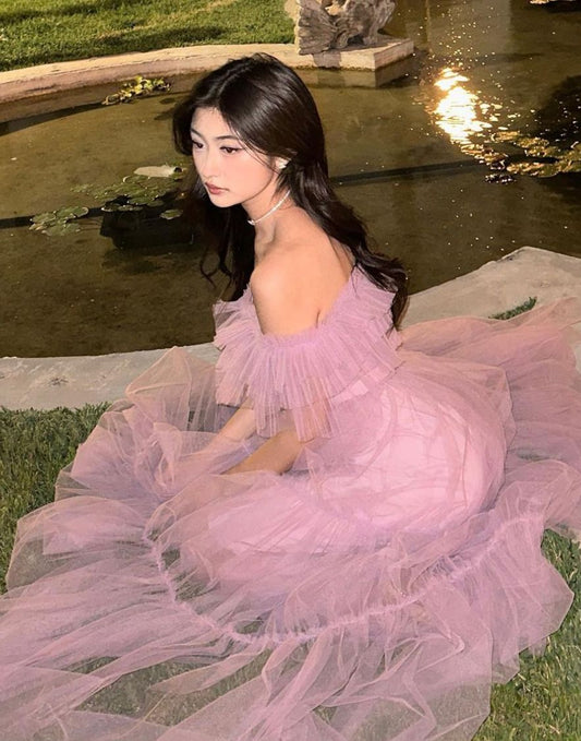 Modest Ball Gown Off The Shoulder Pink Tulle Long Prom Dresses Party Dress 20th Birthday Outfits Graduation Dress B563