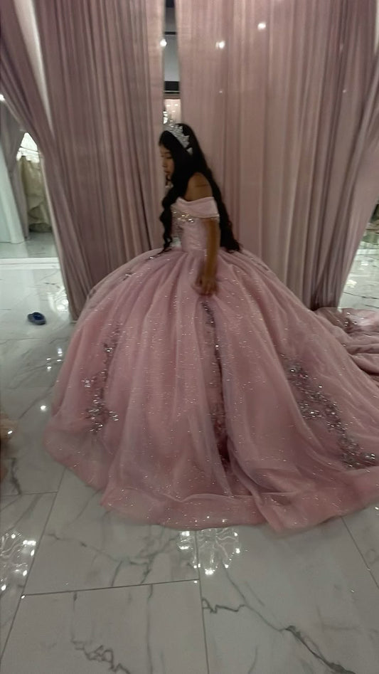 Modest Quinceanera Dresses Ball Gown Off The Shoulder Blush Pink Tulle Birthday Gowns Vestidos De 15 Anos Formal Party Long Sweet 16 Dress B564