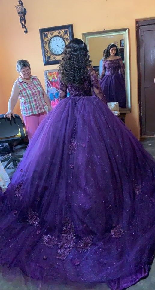 Modest Quinceanera Dresses Ball Gown Off The Shoulder Grape Tulle Lace Birthday Gowns Vestidos De 15 Anos Formal Party Long Sweet 16 Dress B577