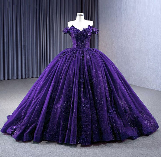 Modest Quinceanera Dresses Ball Gown Off The Shoulder Grape Lace Birthday Gowns Vestidos De 15 Anos Formal Party Long Sweet 15 16 Dress B578