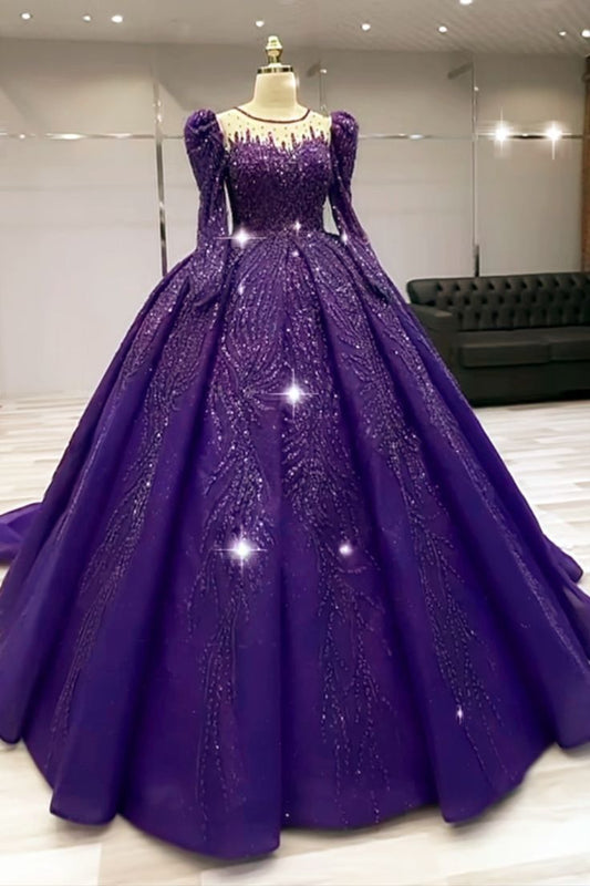Modest Quinceanera Dresses Ball Gown Scoop Long Sleeves Grape Tulle Birthday Gowns Vestidos De 15 Anos Formal Party Long Sweet 16 Dress B579