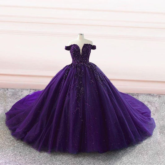 Modest Quinceanera Dresses Ball Gown Off The Shoulder Grape Tulle Birthday Gowns Vestidos De 15 Anos Formal Party Long Sweet 15 16 Dress B580