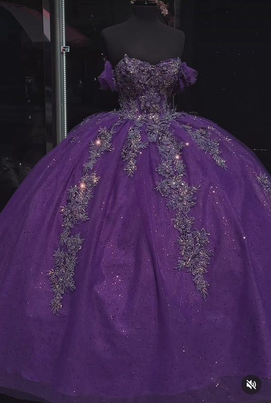 Modest Quinceanera Dresses Ball Gown Off The Shoulder Purple Tulle Birthday Gowns Vestidos De 15 Anos Formal Party Long Sweet 16 Dress B582