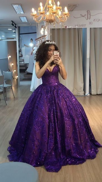 Bescheidene Quinceanera-Kleider Ballkleid Schatz Lange Lila Pailletten Geburtstagskleider Vestidos De 15 Anos Formale Party Langes Sweet 16 Kleid B584