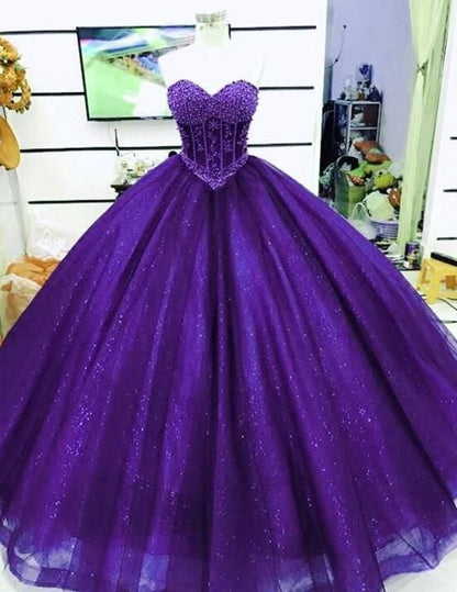Bescheidene Quinceanera-Kleider Ballkleid Schatz Dunkelviolett Tüll Geburtstagskleider Vestidos De 15 Anos Formale Party Langes Süßes 16-Kleid B586