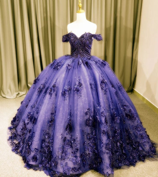 Modest Quinceanera Dresses Ball Gown Off The Shoulder Purple Tulle Lace Birthday Gowns Vestidos De 15 Anos Formal Party Long Sweet 16 Dress B587