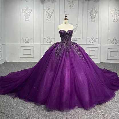 Robes de Quinceanera bon marché, robe de bal, décolleté en cœur, violet foncé, en tulle, robes d'anniversaire, robes de soirée formelles, longues, B588