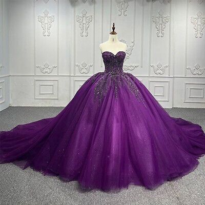 Robes de Quinceanera bon marché, robe de bal, décolleté en cœur, violet foncé, en tulle, robes d'anniversaire, robes de soirée formelles, longues, B588