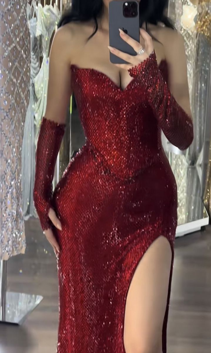 Elegant Mermaid Sweetheart Sequin Long Floor Length Burgundy Prom Dress Inspiration Slit Prom Dresses B59