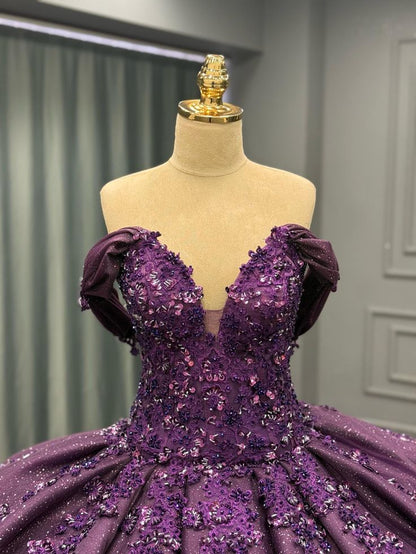 Robe de bal modeste en dentelle à paillettes violettes, épaules dénudées, robe de soirée formelle, robe longue pour 16 ans, B592