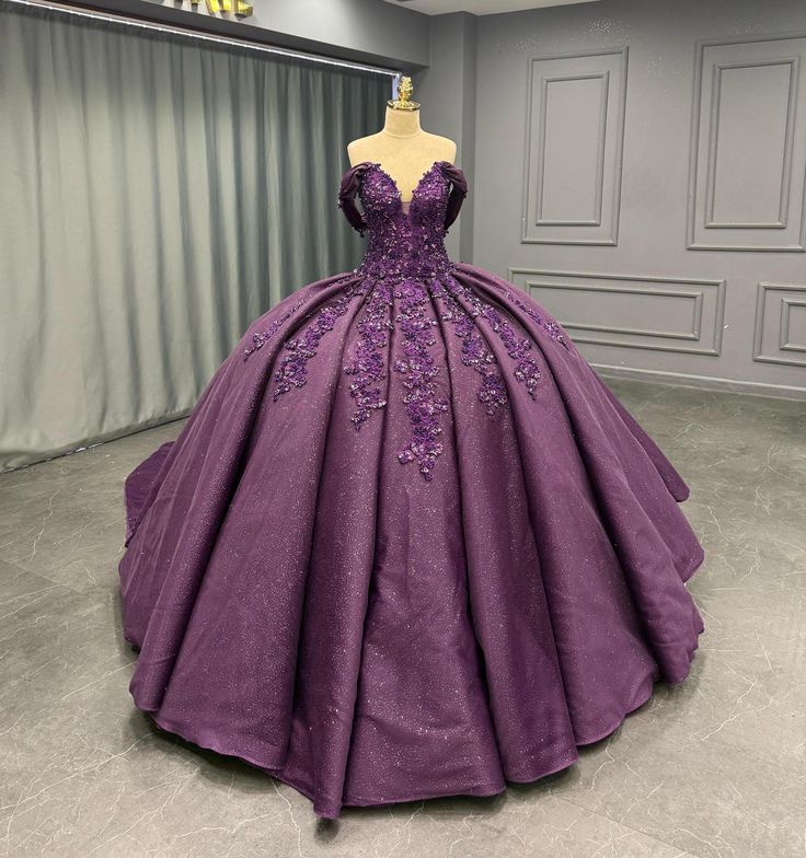 Robe de bal modeste en dentelle à paillettes violettes, épaules dénudées, robe de soirée formelle, robe longue pour 16 ans, B592