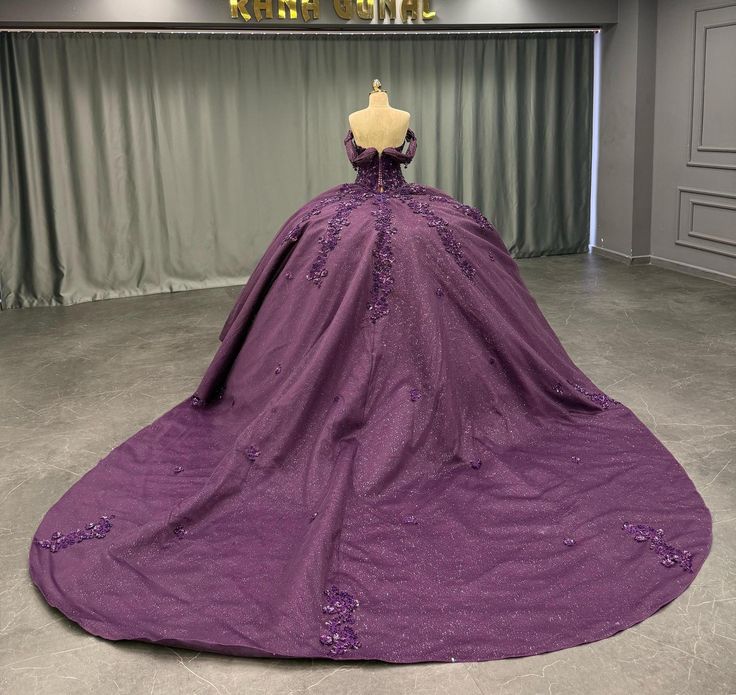 Robe de bal modeste en dentelle à paillettes violettes, épaules dénudées, robe de soirée formelle, robe longue pour 16 ans, B592
