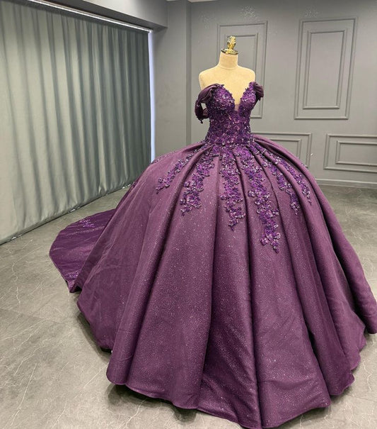 Modest Quinceanera Dresses Ball Gown Off The Shoulder Purple Sequin Lace Birthday Gowns Vestidos De 15 Anos Formal Party Long Sweet 16 Dress B592