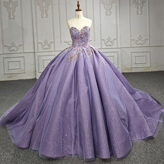Modest Quinceanera Dresses Ball Gown Sweetheart Lilac Sequin Tulle Birthday Gowns Vestidos De 15 Anos Formal Party Long Sweet 16 Dress B596