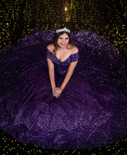Modest Quinceanera Dresses Ball Gown Off The Shoulder Dark Purple Sequin Birthday Gowns Vestidos De 15 Anos Formal Party Long Sweet 16 Dress B597