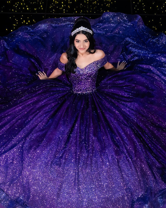 Charming Quinceanera Dresses Ball Gown Off The Shoulder Dark Purple Sequin Birthday Gowns Vestidos De 15 Anos Formal Party Long Sweet 16 Dress B597