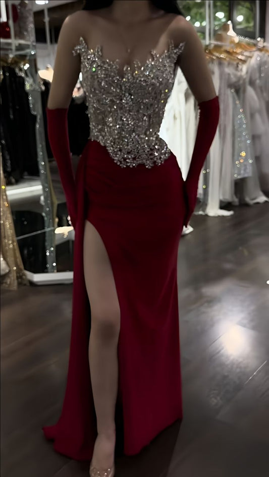 Elegant Mermaid Sweetheart Silver Beads Long Floor Length Burgundy Prom Dress Inspiration Slit Prom Dresses B60