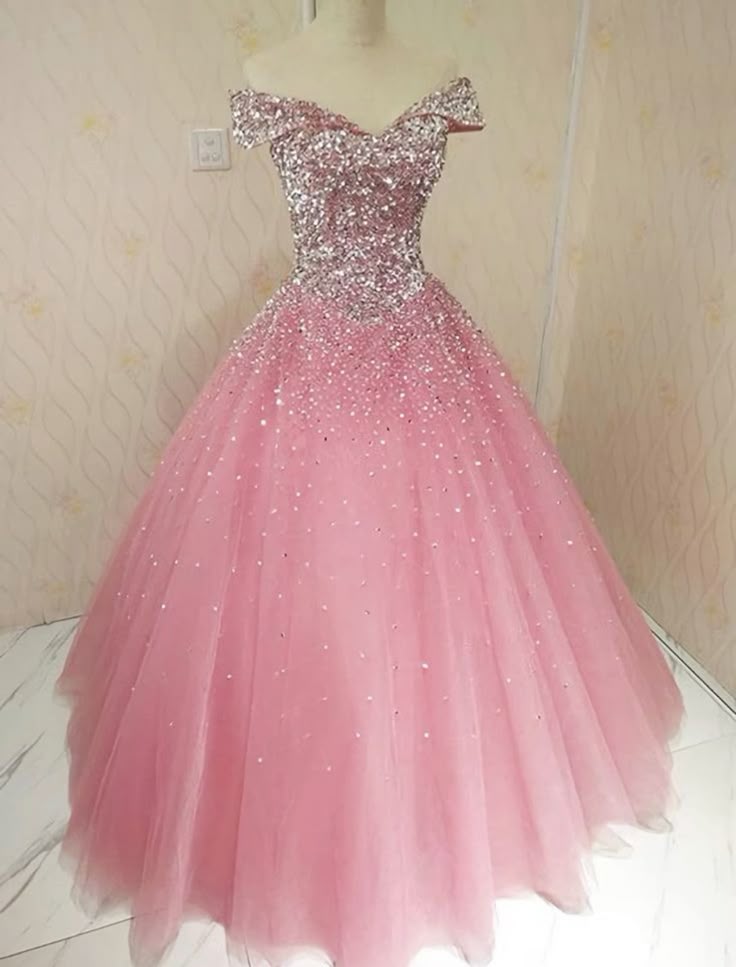 Charming Quinceanera Dresses Ball Gown Off The Shoulder Pink Beads Sequin Birthday Gowns Vestidos De 15 Anos Formal Party Long Sweet 16 Dress B601