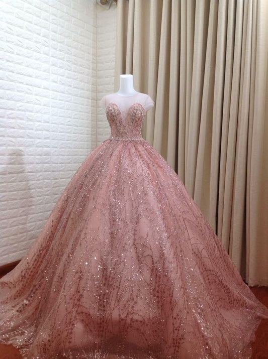 Modest Quinceanera Dresses Ball Gown Sweetheart Pink Sequin 18th Birthday Gowns Vestidos De 15 Anos Formal Party Long Sweet 16 Dress B602
