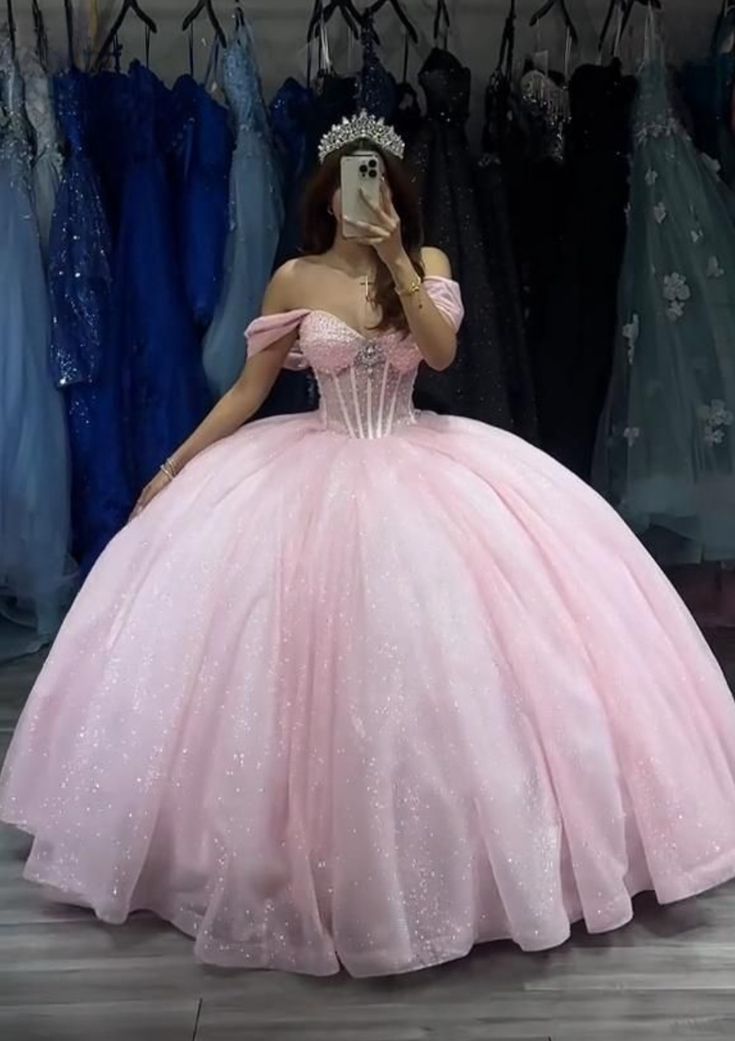 Charming Quinceanera Dresses Ball Gown Off The Shoulder Pink Silver Beads Sequin Birthday Gowns Vestidos De 15 Anos Formal Party Long Sweet 16 Dress B603