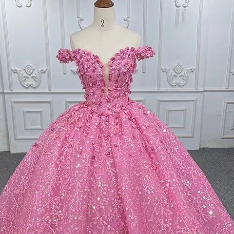 Modest Quinceanera Dresses Ball Gown Off The Shoulder Sequin Pink Birthday Gowns Vestidos De 15 Anos Formal Party Long Sweet 16 Dress B606