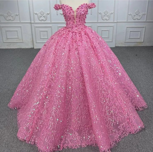 Modest Quinceanera Dresses Ball Gown Off The Shoulder Sequin Pink Birthday Gowns Vestidos De 15 Anos Formal Party Long Sweet 16 Dress B606