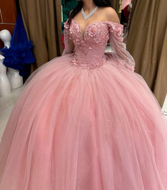 Modest Quinceanera Dresses Ball Gown Off The Shoulder Light Pink Tulle Appliques Birthday Gowns Vestidos De 15 Anos Formal Party Long Sweet 16 Dress B611