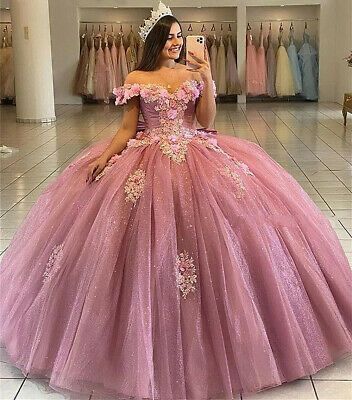 Bescheidene Quinceanera-Kleider Ballkleid aus der Schulter Rose Pink Tüll Applikationen Geburtstagskleider Vestidos de 15 Anos Formale Party Langes Sweet 16 Kleid B612