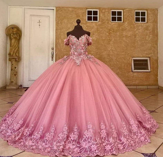Cute Quinceanera Dresses Ball Gown Off The Shoulder Rose Pink Tulle Appliques Birthday Gowns Vestidos De 15 Anos Formal Party Long Sweet 16 Dress B613